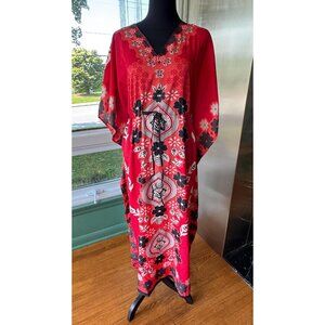 Vintage 80s muumuu, red, coral, black white floral, nylon hostess dress, cinched